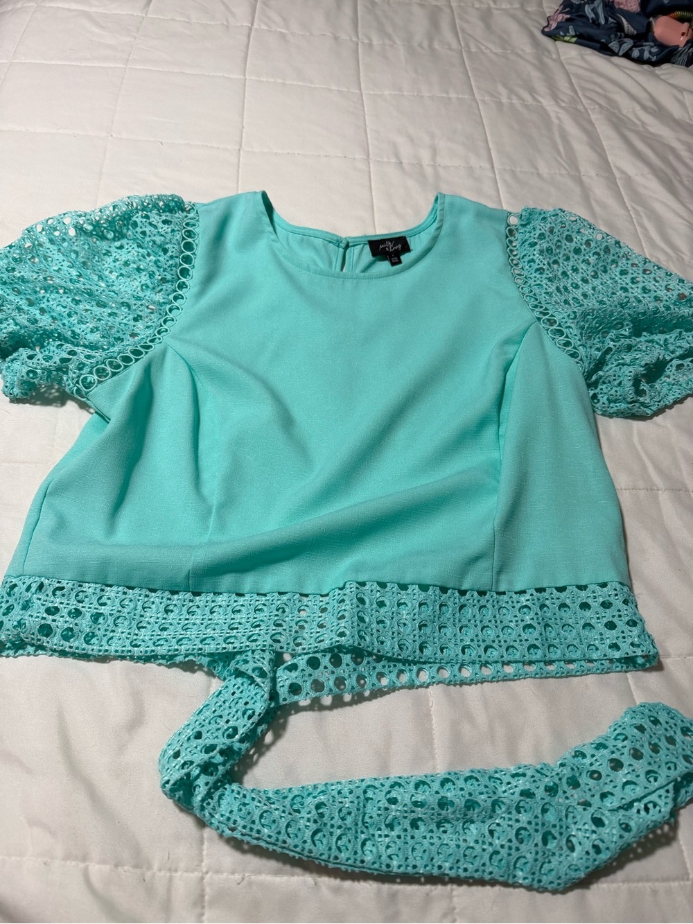 Aqua Crochet-Trim Puff Sleeve Blouse
